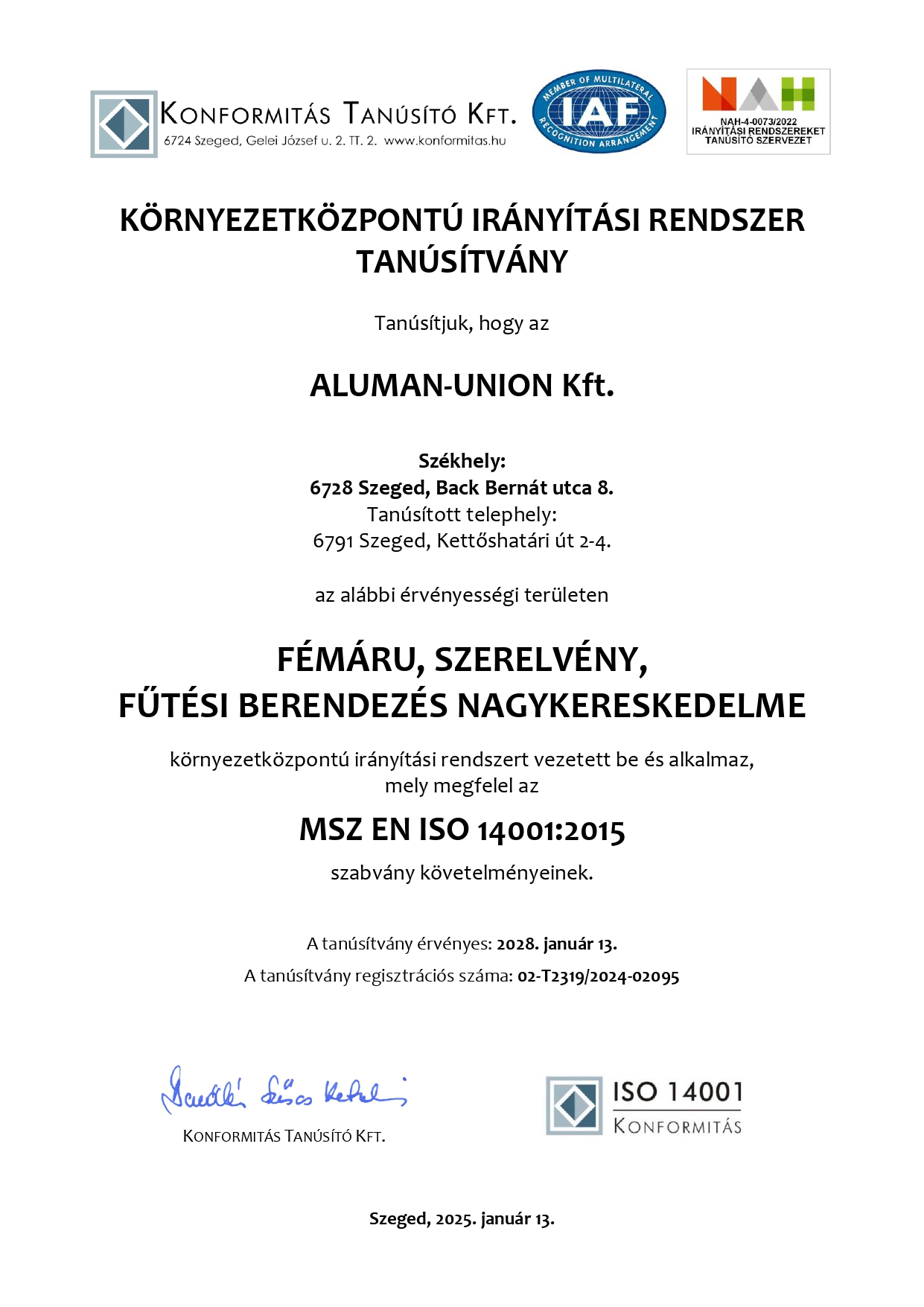 ISO Környezetirányítási Tanúsítvány (KIR)