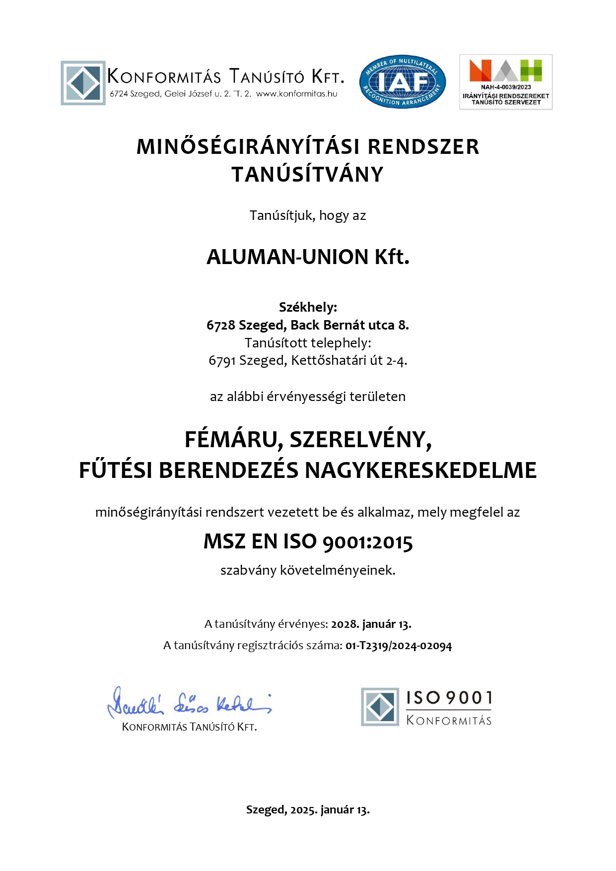 ISO Minőségirányítási Tanúsítvány (MIR)